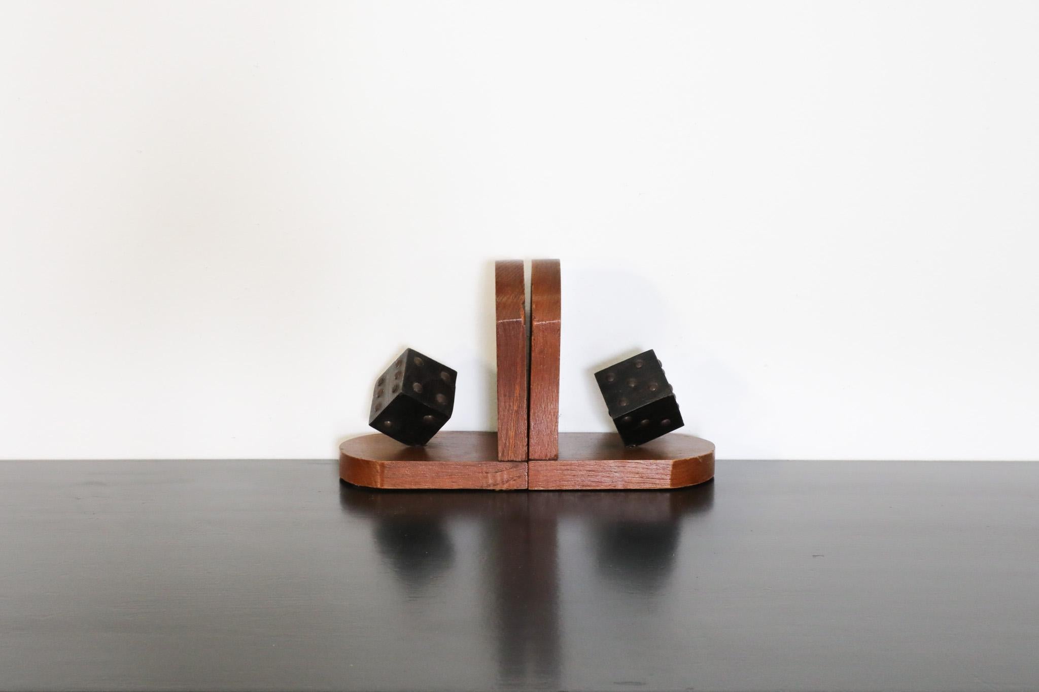 Dutch Pair of Wooden Arts & Crafts Dice Bookends For Sale