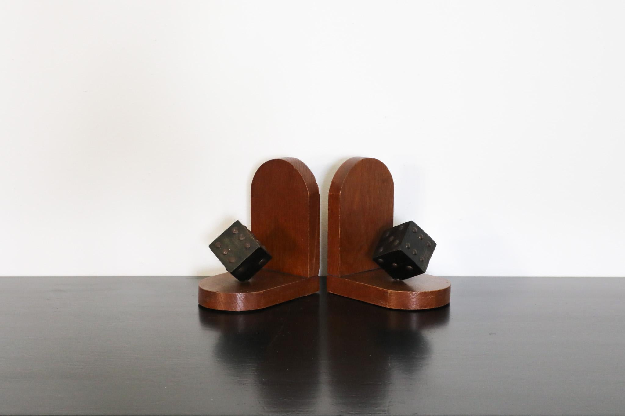 Painted Pair of Wooden Arts & Crafts Dice Bookends For Sale