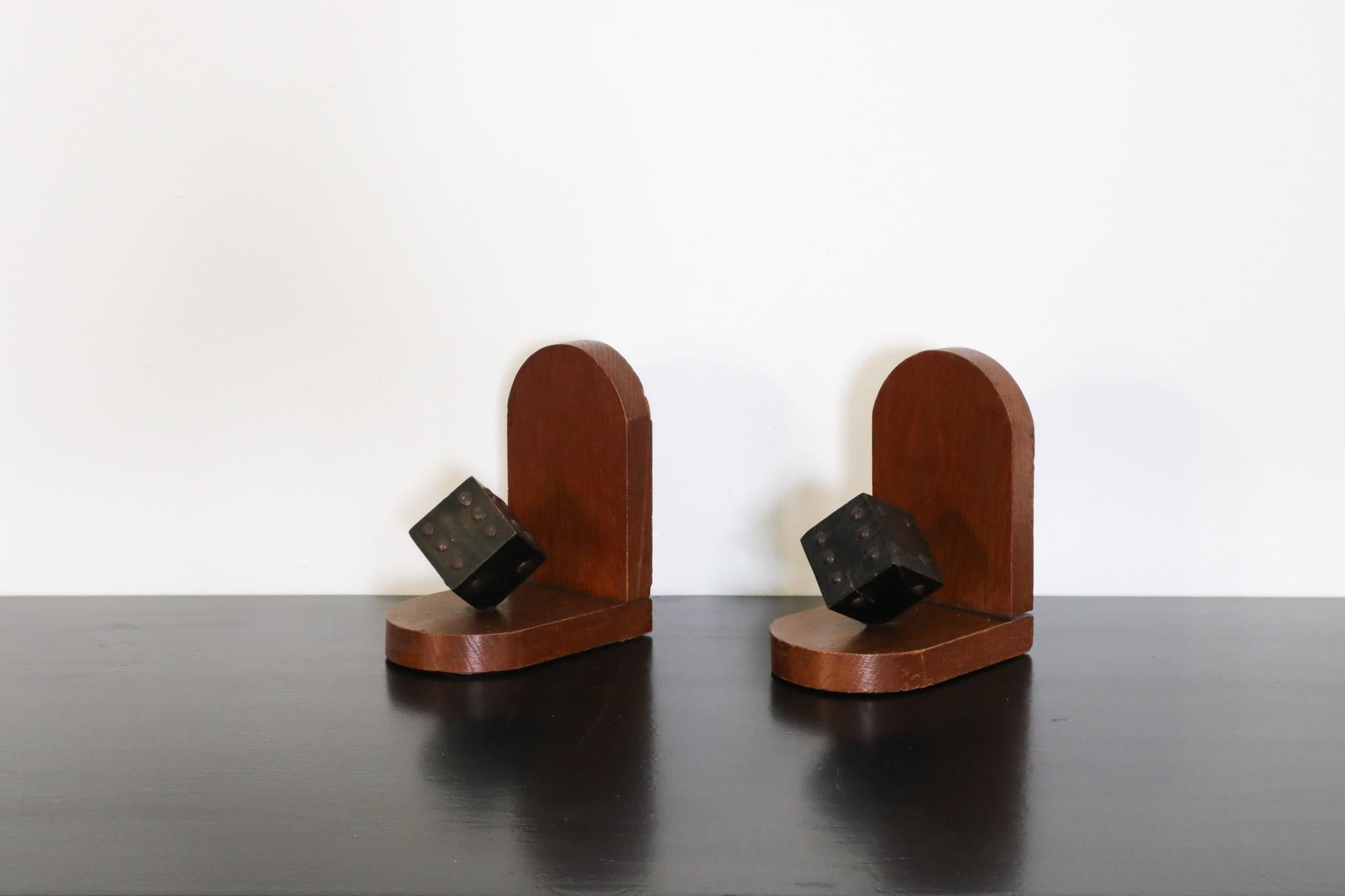 Pair of Wooden Arts & Crafts Dice Bookends In Good Condition For Sale In Los Angeles, CA