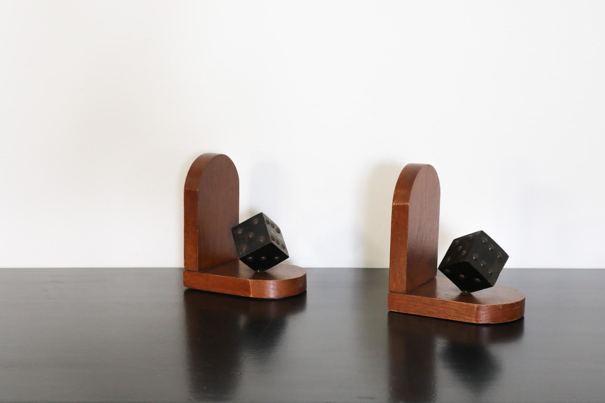 Mid-20th Century Pair of Wooden Arts & Crafts Dice Bookends For Sale
