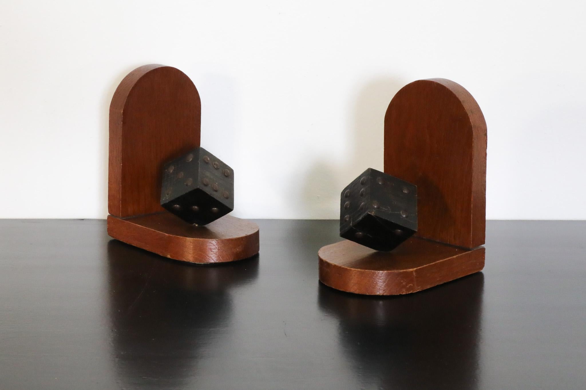Teak Pair of Wooden Arts & Crafts Dice Bookends For Sale