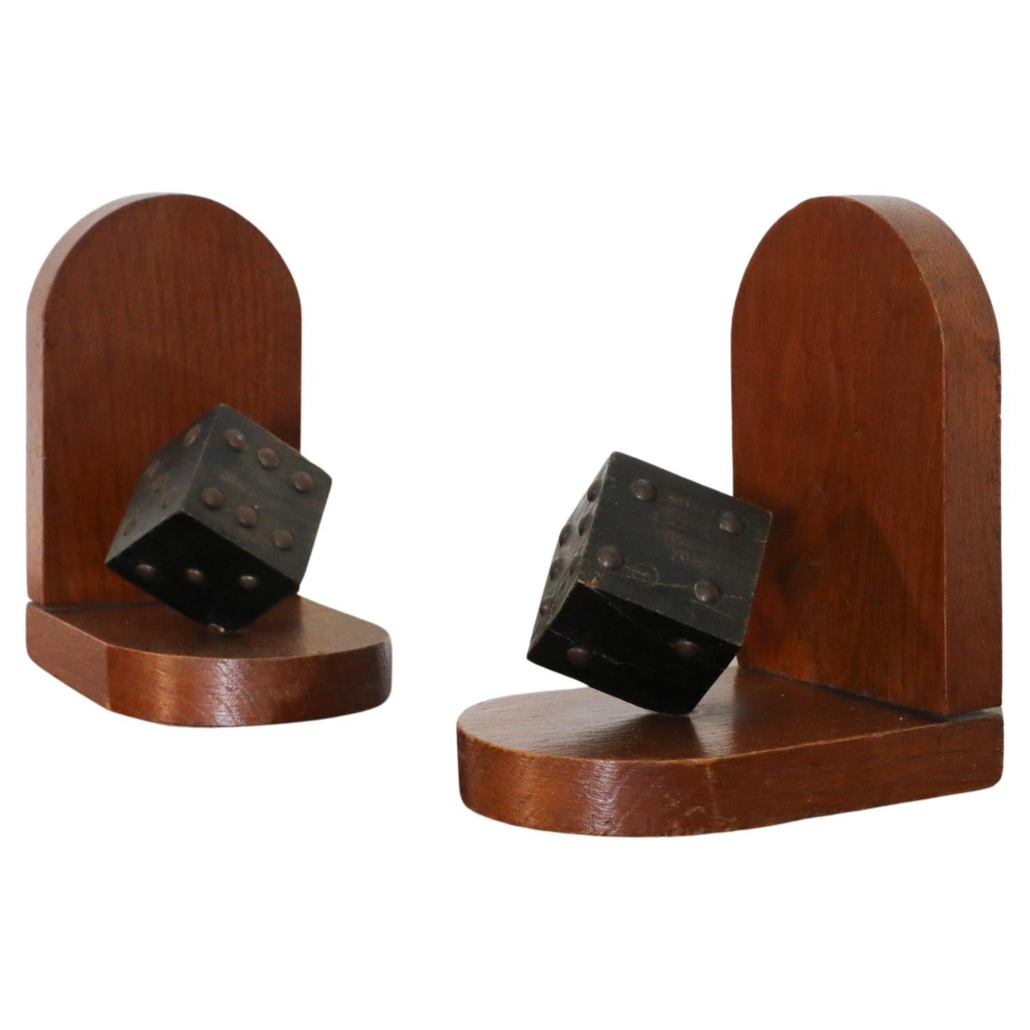 Pair of Wooden Arts & Crafts Dice Bookends For Sale
