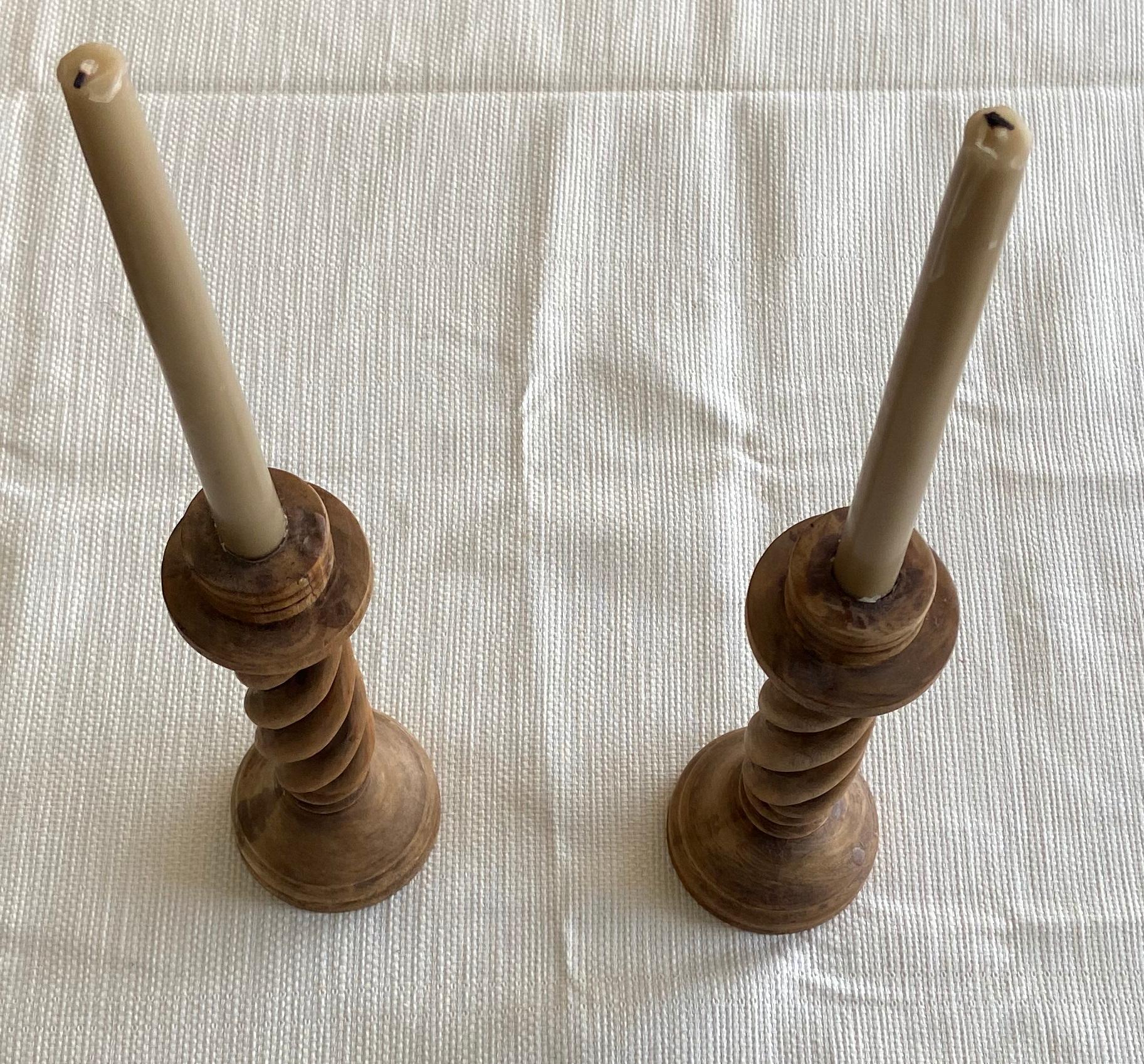 Turned Pair of Wooden Barley Twist Candlesticks