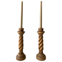 Pair of Wooden Barley Twist Candlesticks