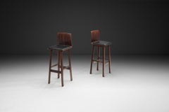 Pair of Wooden Barstools with Leather Seating, Denmark 1960s