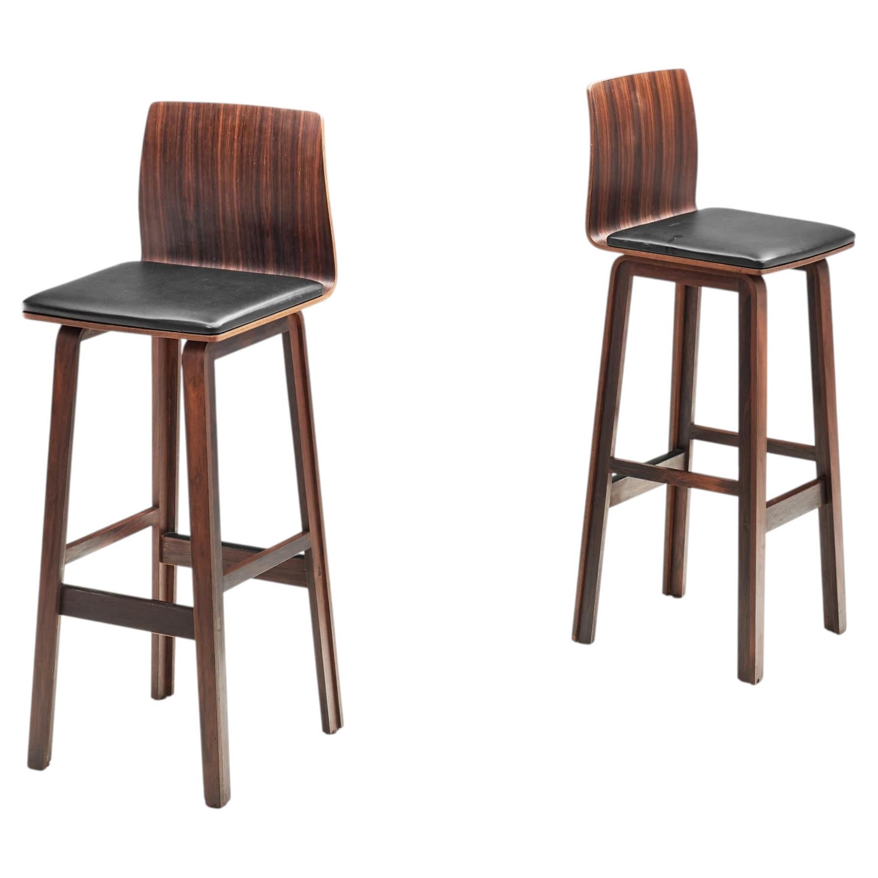Pair of Wooden Barstools with Leather Seating, Denmark 1960s For Sale