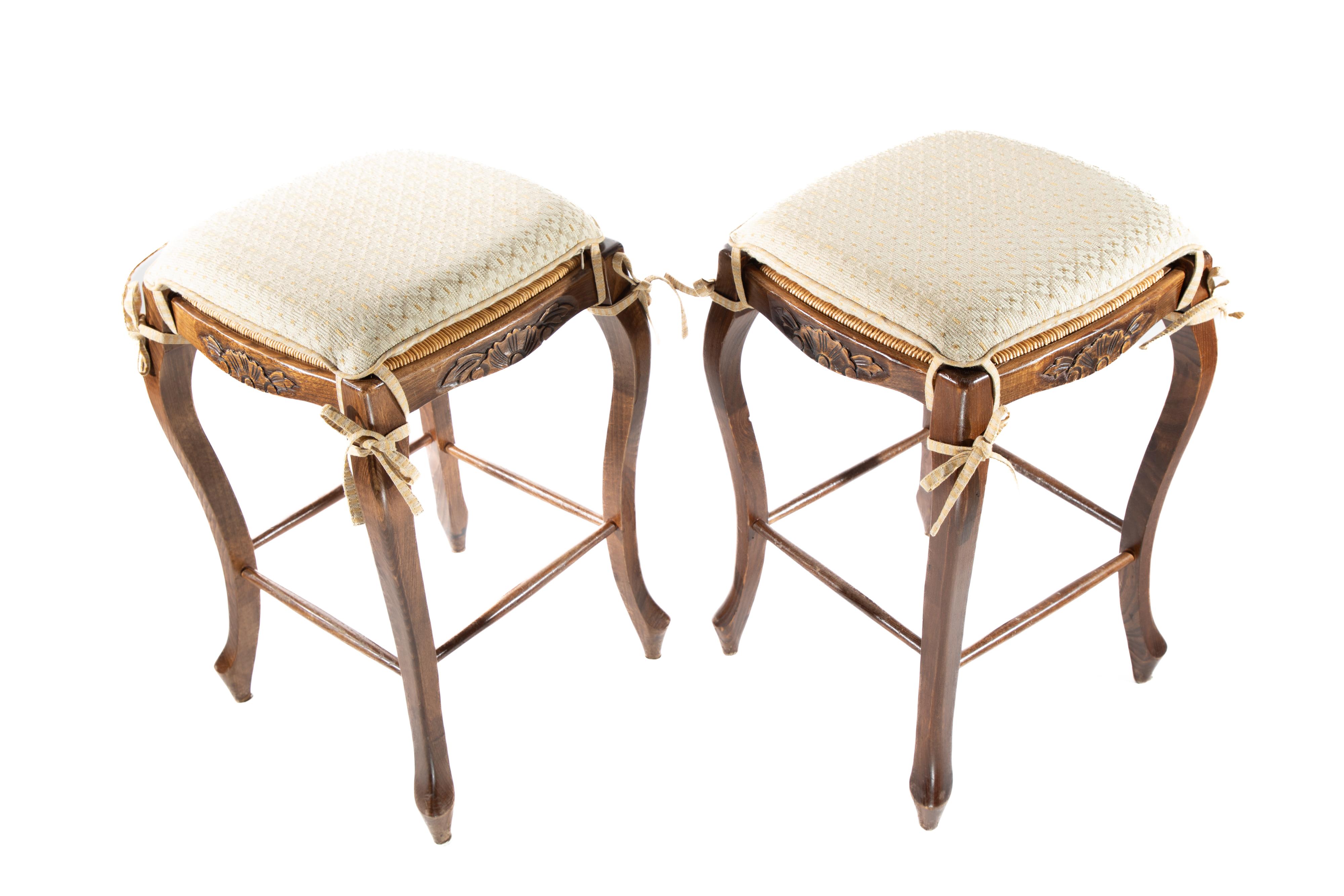 20th Century Pair of Wooden Barstools with Rush Woven Seats and Upholstered Cushions For Sale