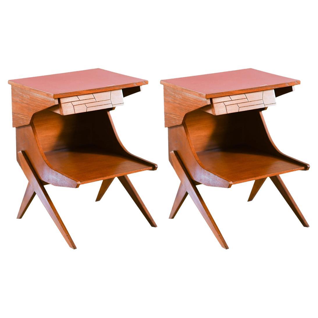 Pair of Wooden Bedside Tables with Colored Formica Top, 1950 'Set of 2'