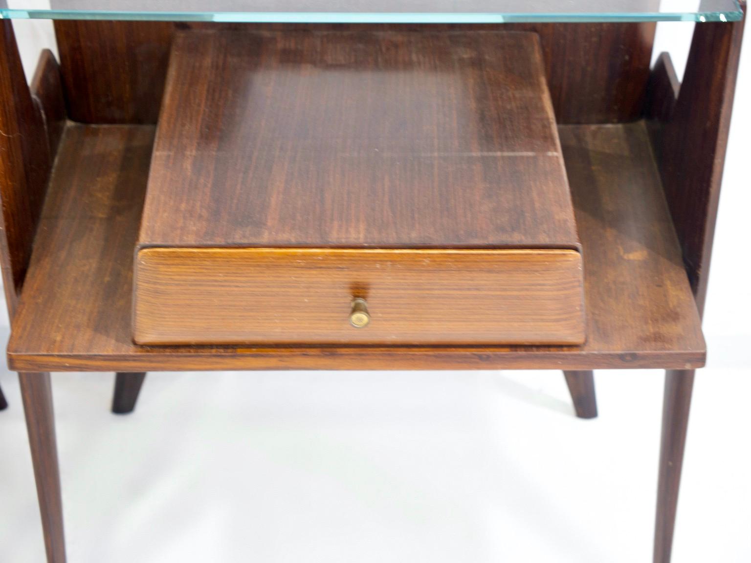 Mid-Century Modern Pair of Wooden Bedside Tables with Glass Top