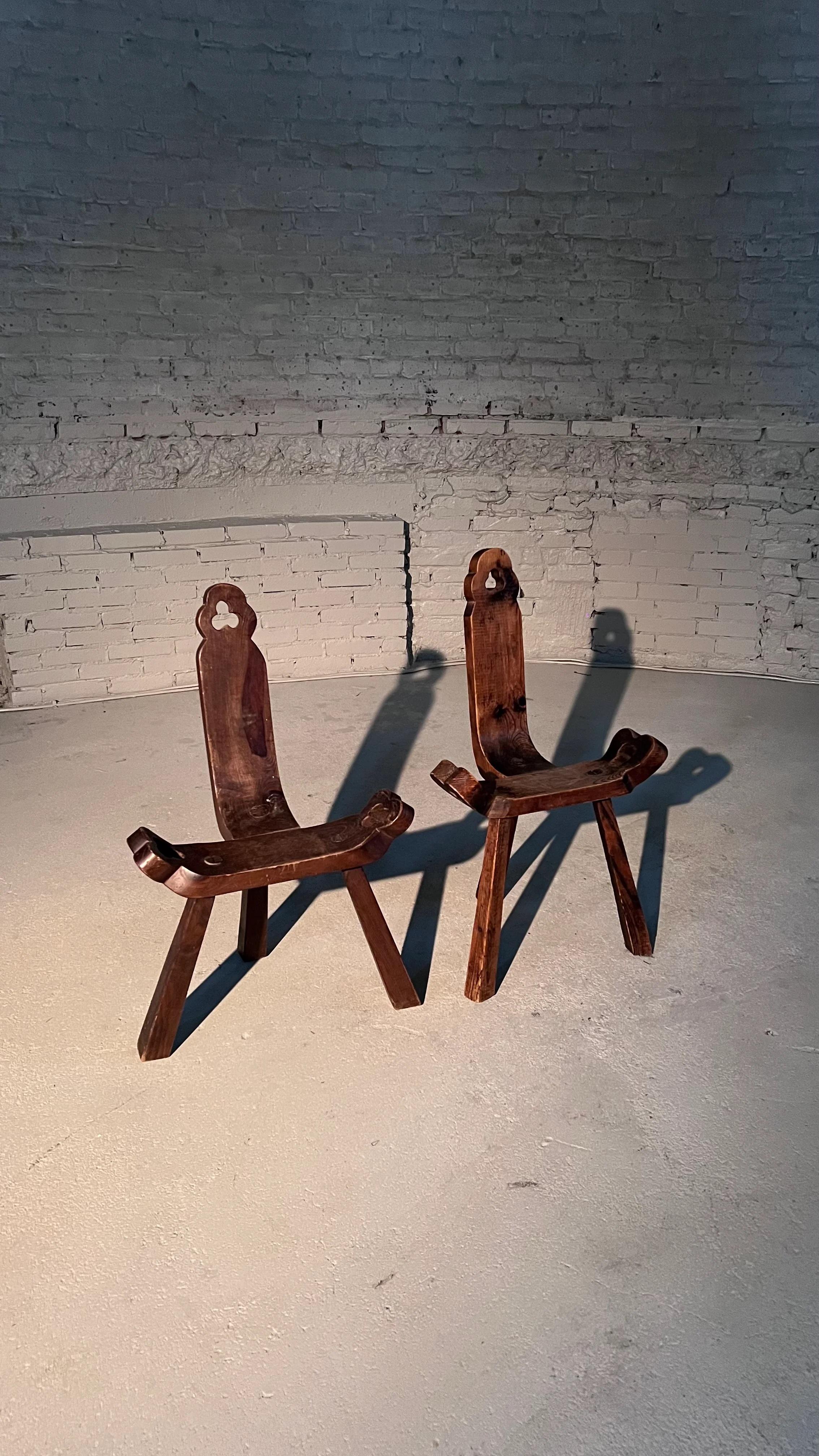 Spanish Pair of Wooden Brutalist Chairs  For Sale