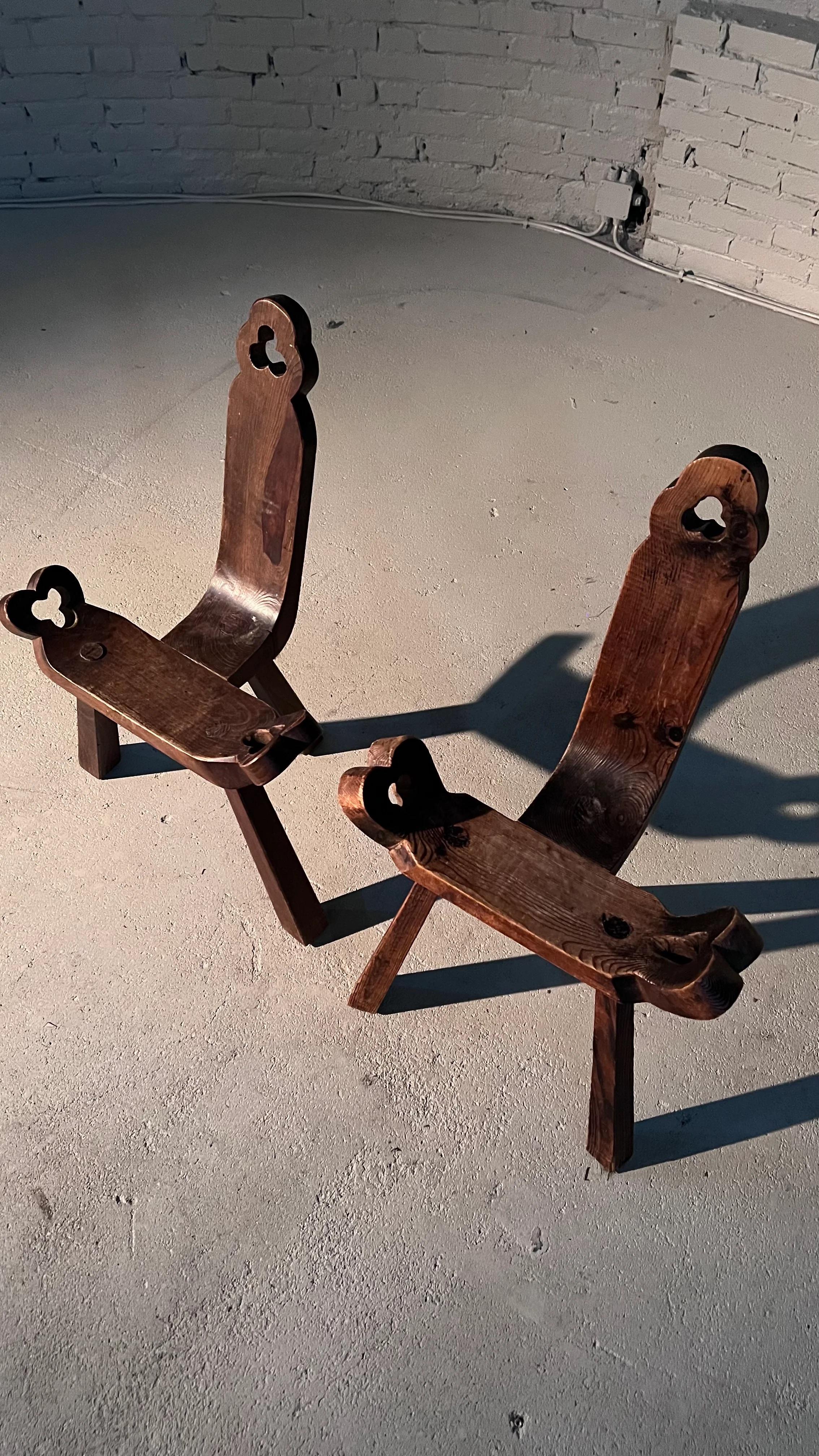 Mid-20th Century Pair of Wooden Brutalist Chairs  For Sale