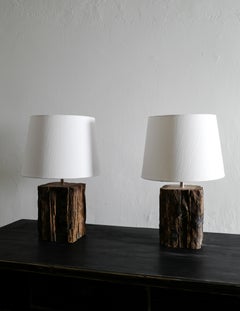 Pair of Wooden Brutalist Table Lamps in a Primitive Style