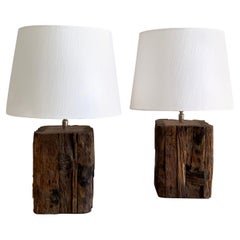 Antique Pair of Wooden Brutalist Table Lamps in a Primitive Style