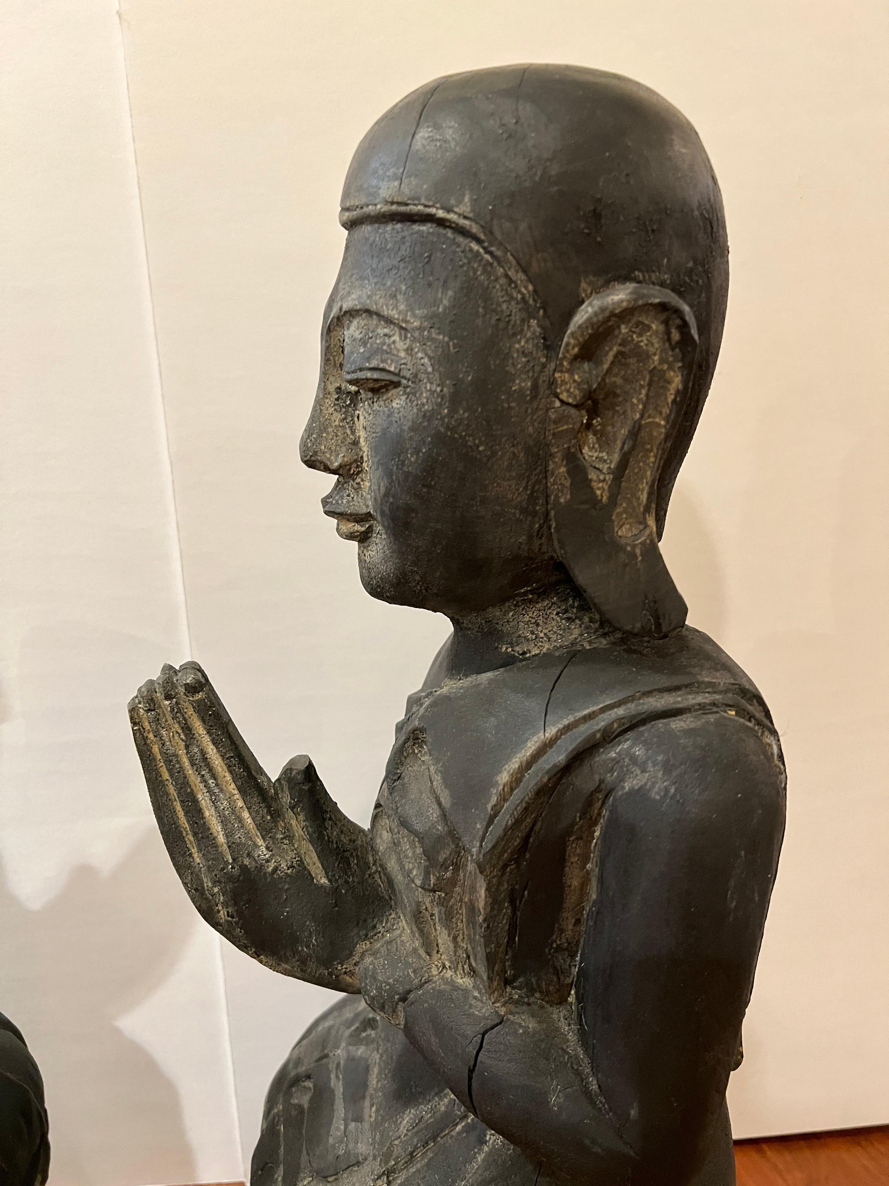Pair of Wooden Buddha Sculptures In Good Condition In Pasadena, CA