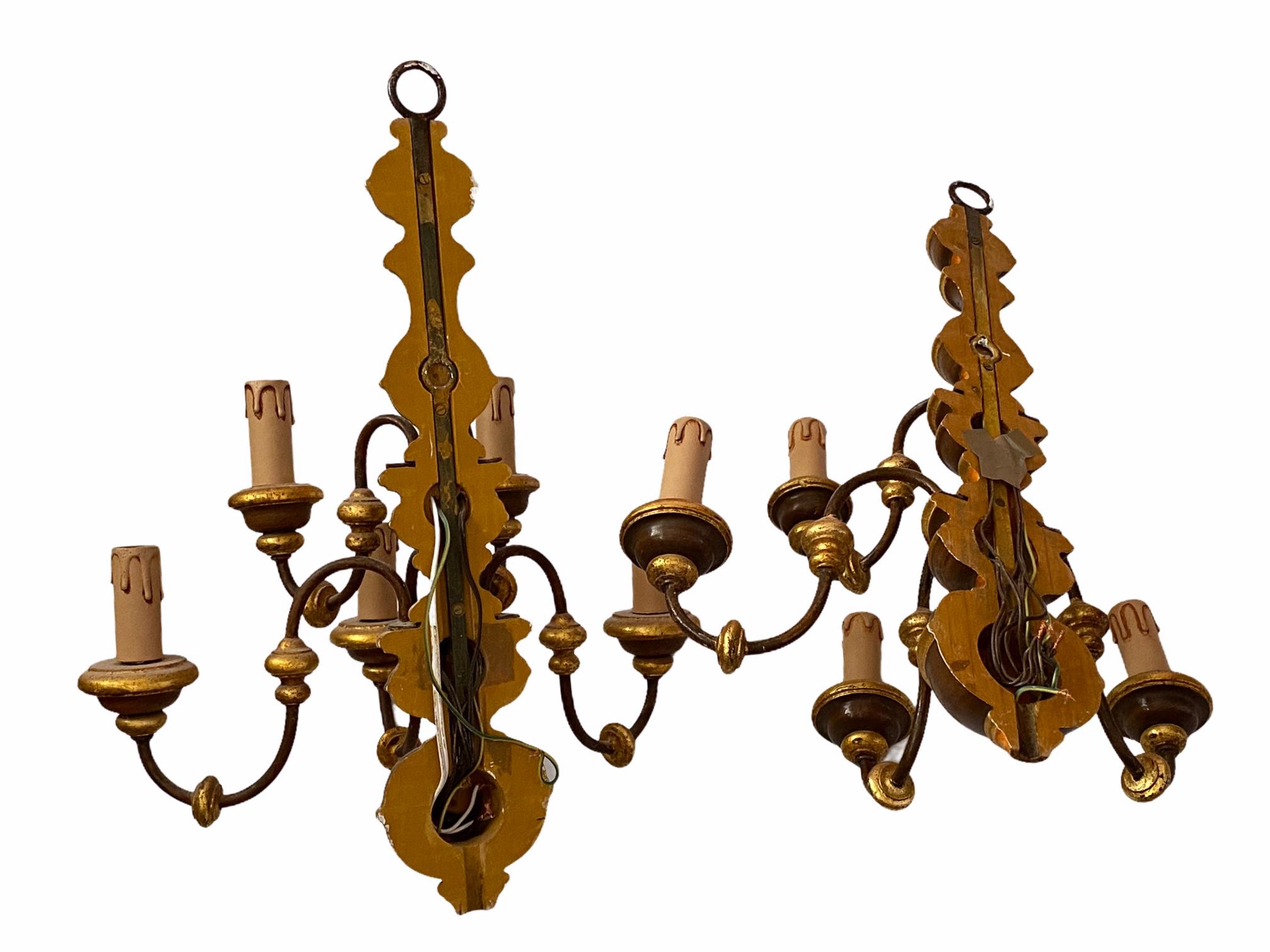 Pair of Wooden Carved Tole Farmhouse Sconces Gilt Parts, Italy For Sale 3