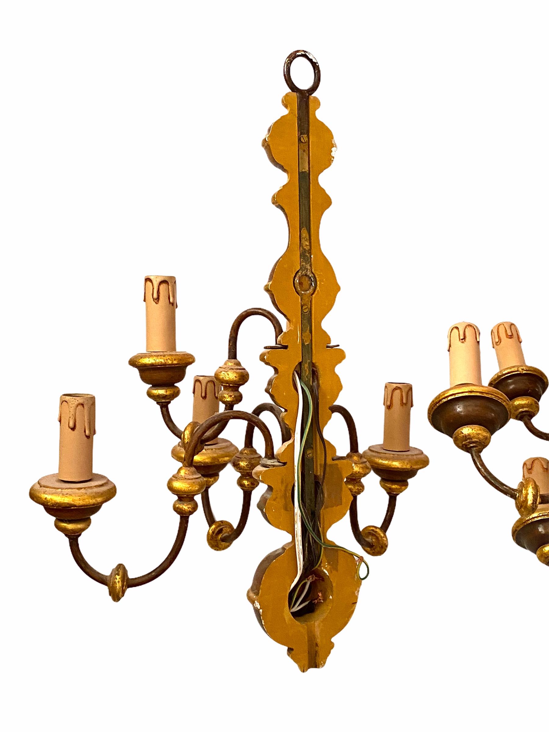 Pair of Wooden Carved Tole Farmhouse Sconces Gilt Parts, Italy For Sale 5