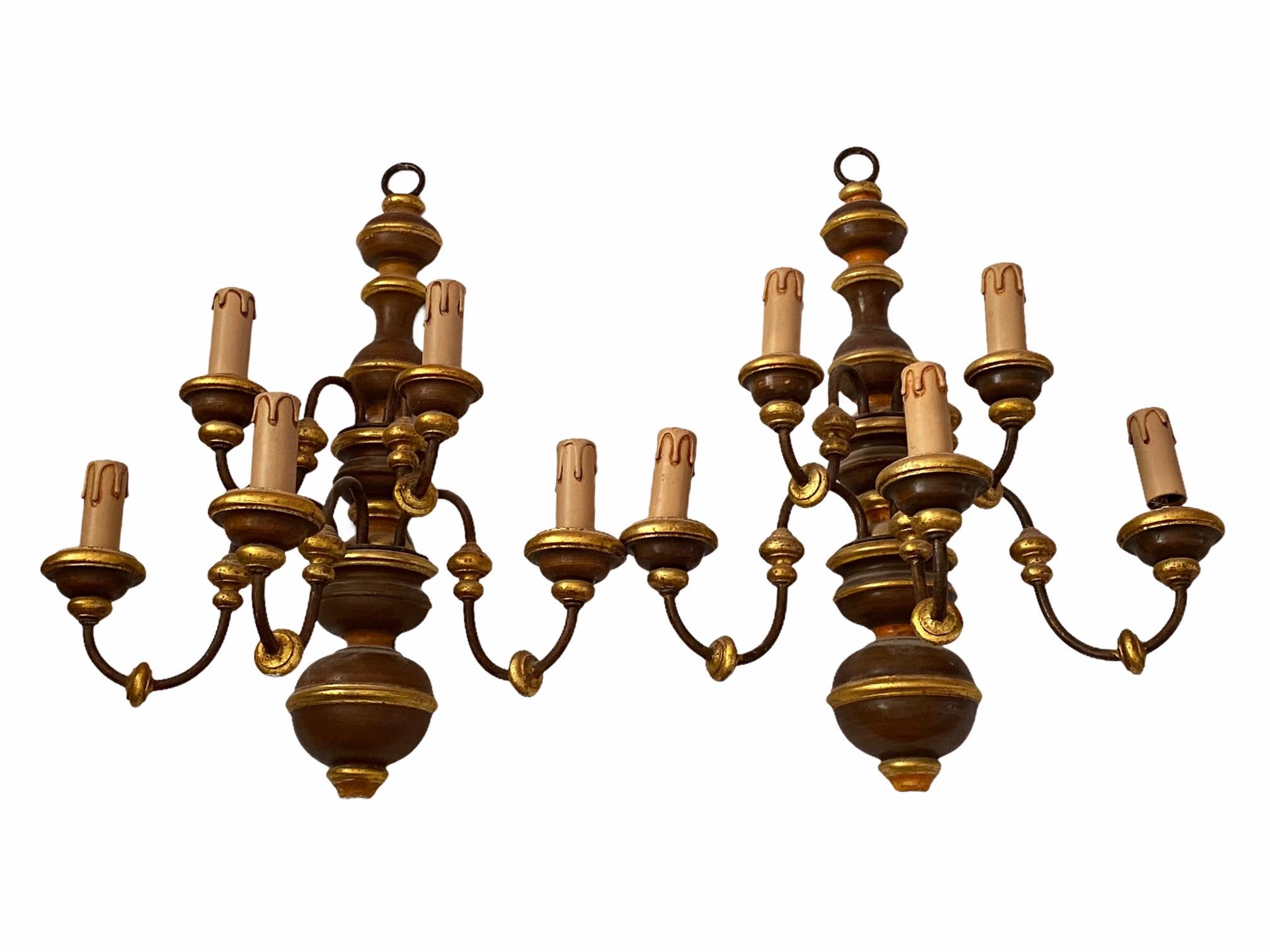 Hand-Carved Pair of Wooden Carved Tole Farmhouse Sconces Gilt Parts, Italy For Sale