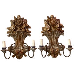 Pair of Wooden Carved Tole Toleware Sconces Chippywhite Gilt Flowers, Italy