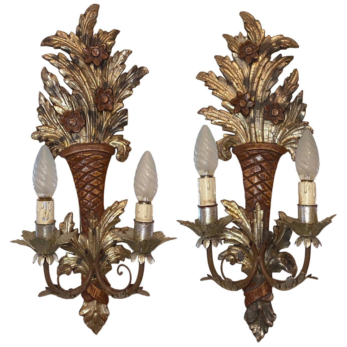 Pair of Wooden Carved Tole Toleware Sconces with Gilt Flowers, Italy, 1920s
