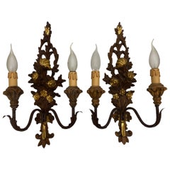 Pair of Wooden Carved Tole Toleware Sconces with Gilt Flowers, Italy, 1960s