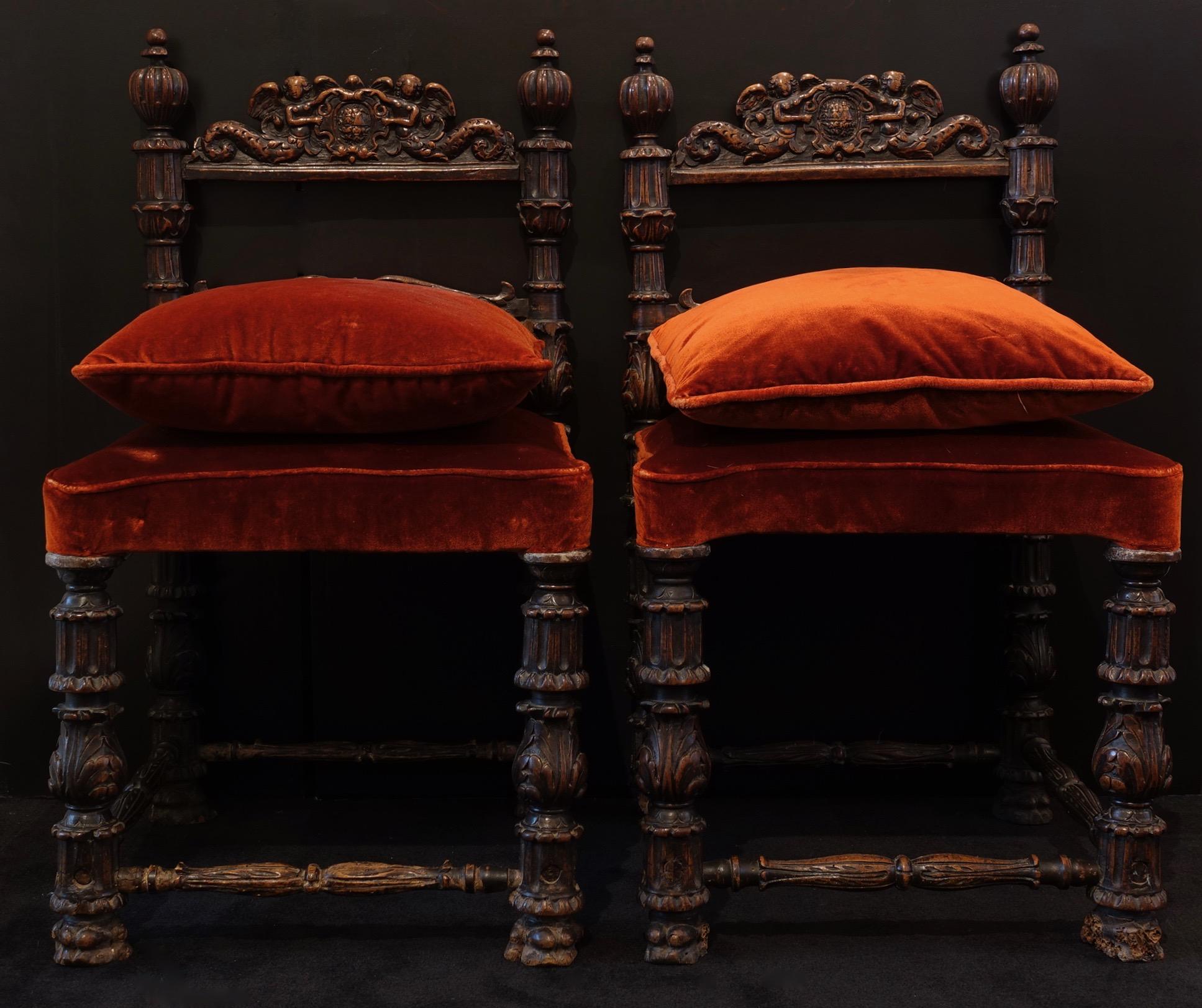 Renaissance Pair of Wooden Chairs, Lombardy, 17th Century For Sale