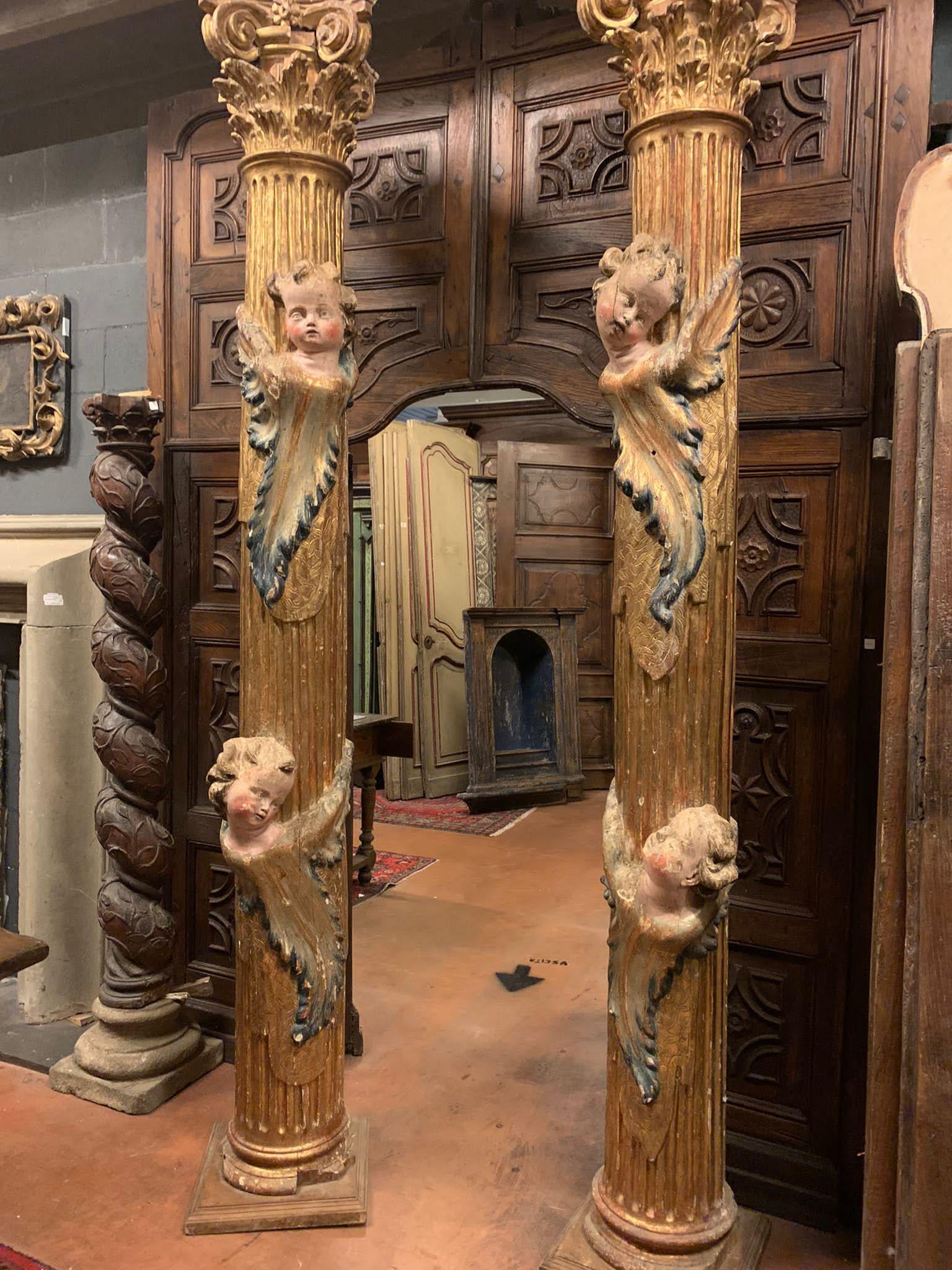 Pair of wooden columns, carved and gilded with polychrome putti, from Spain For Sale 3