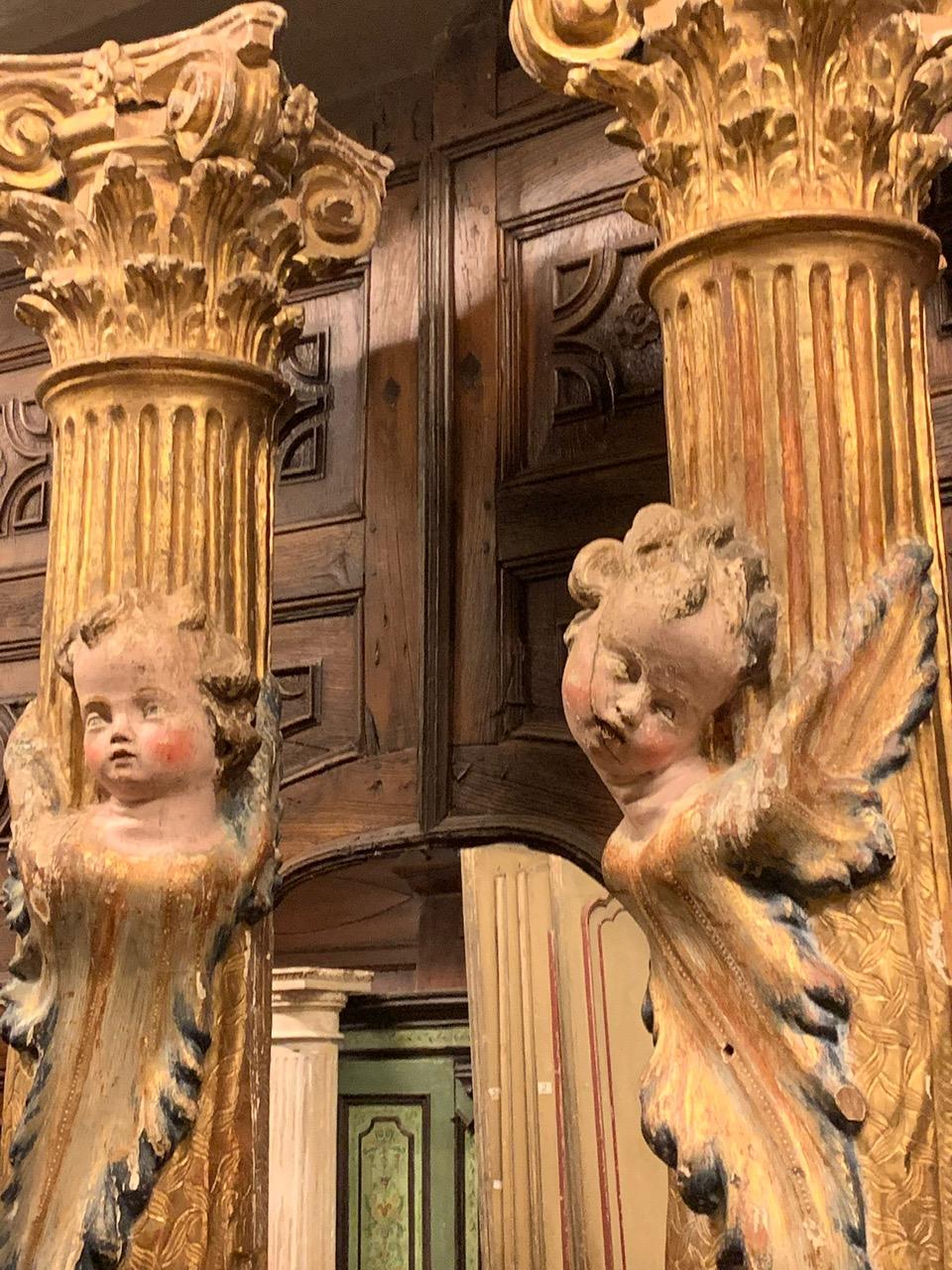 Pair of wooden columns, carved and gilded with polychrome putti, from Spain For Sale 4