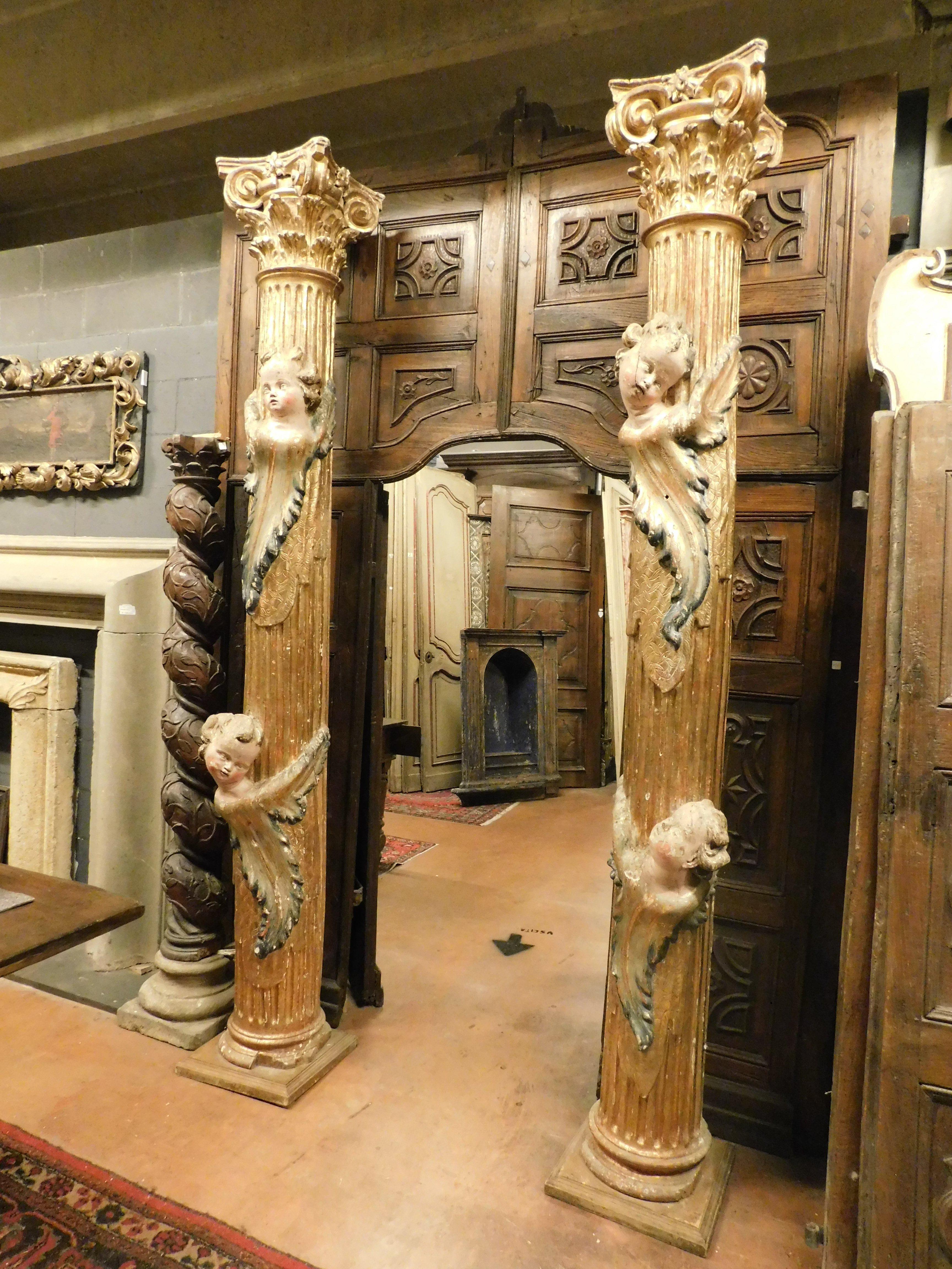 Pair of wooden columns, carved and gilded with polychrome putti, from Spain For Sale 5
