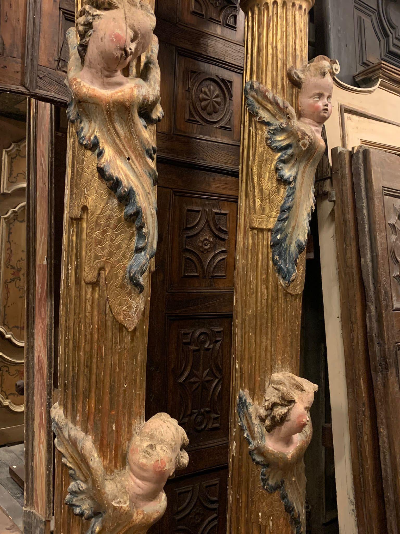 Pair of wooden columns, carved and gilded with polychrome putti, from Spain For Sale 2