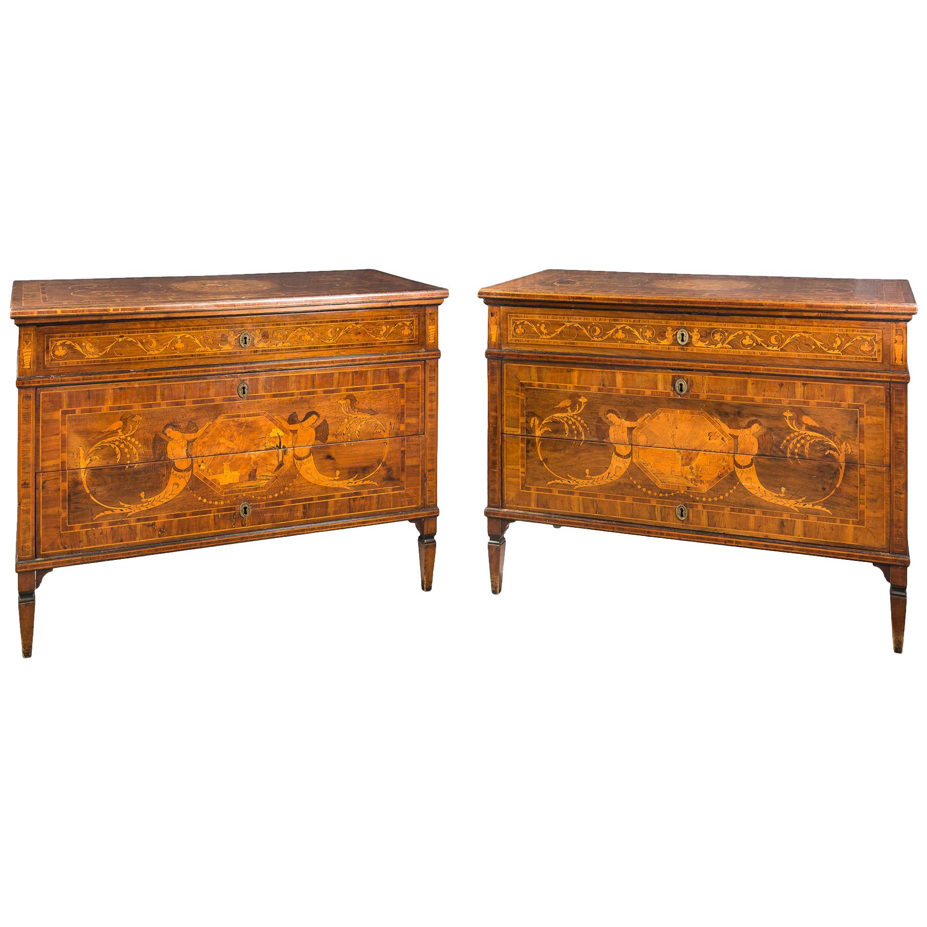Pair of Wooden Commodes Inlaid in Soft Woods, Piacenza, 18th Century