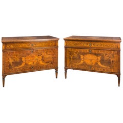 Pair of Wooden Commodes Inlaid in Soft Woods, Piacenza, 18th Century
