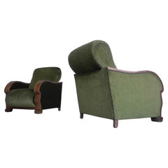 Pair of Wooden Curved Arms Art-Deco Armchairs in Green Mohair, France, 1940s