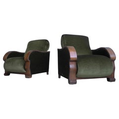 Pair of Wooden Curved Arms Art-Deco Armchairs in Green Mohair, France, 1940s