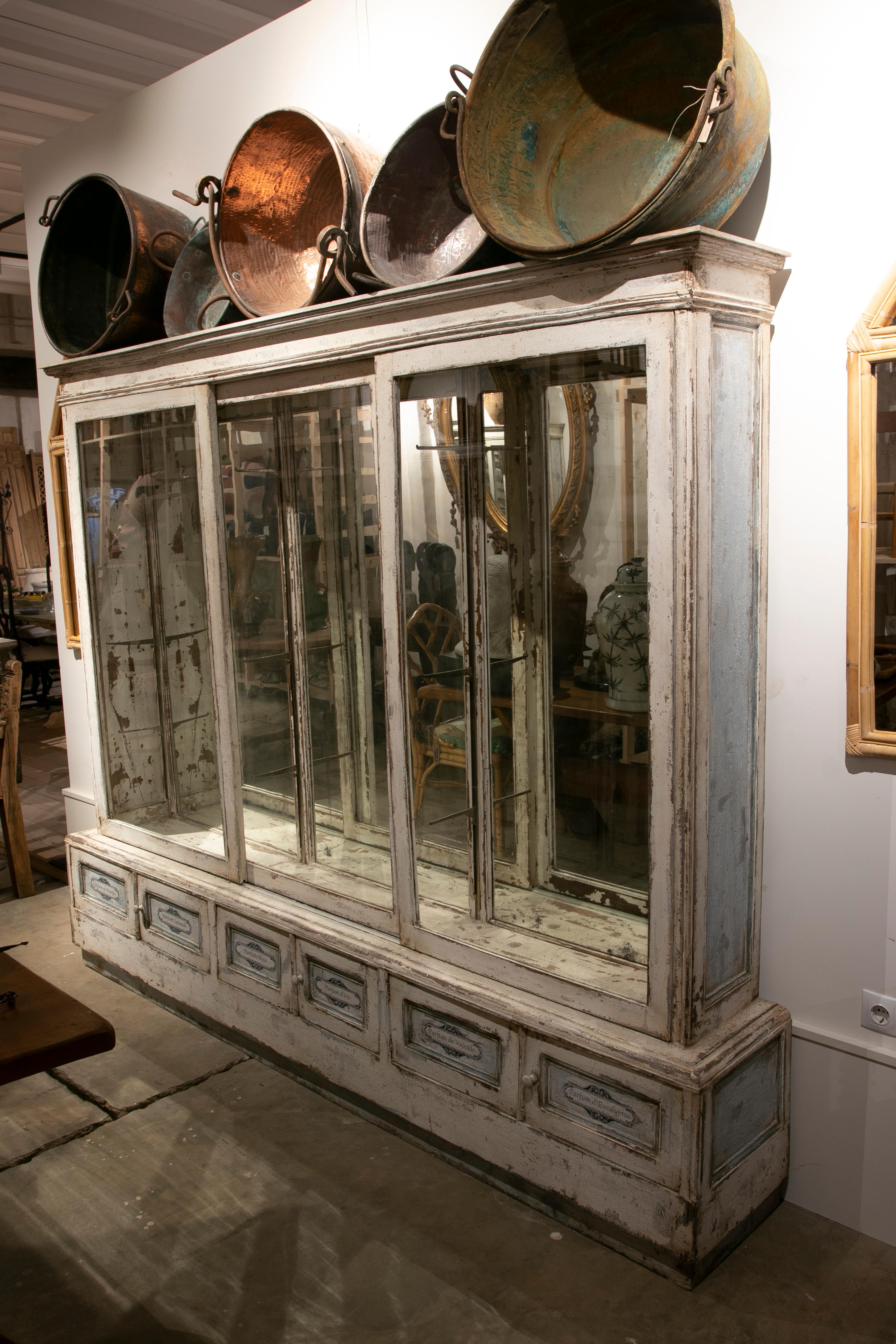 Paire de vitrines en bois avec portes coulissantes et portes polychromées ci-dessous en vente 4