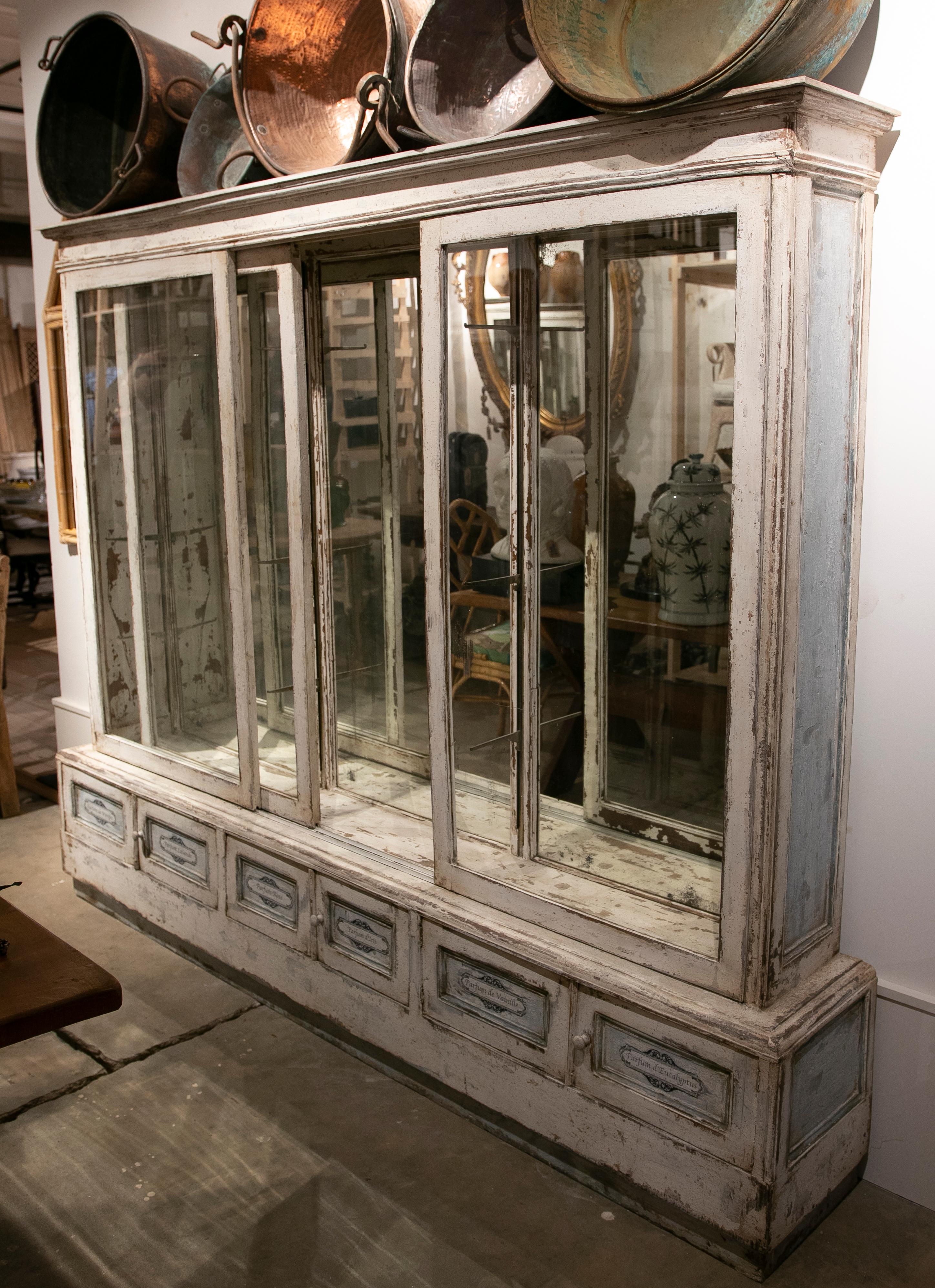 Pair of Wooden Display Cabinets with Polychromed Sliding Doors and Doors below For Sale 3