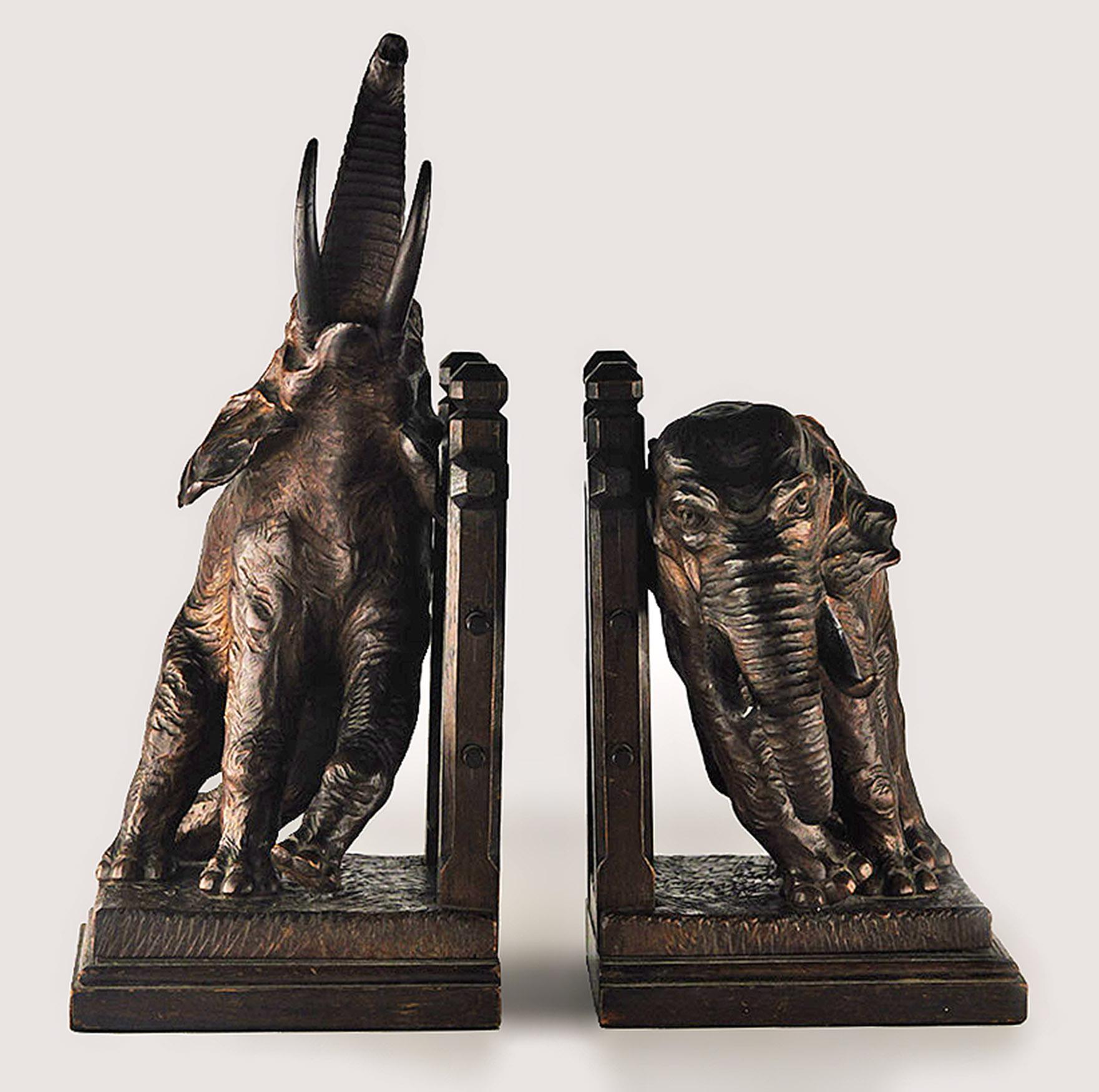 Art Deco Pair of Early 20th Century Hand-Crafted Wooden Elephant Bookends by Ary Bitter For Sale
