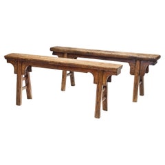 Pair of Wooden Elm Chinese Benches, China Early 20th century