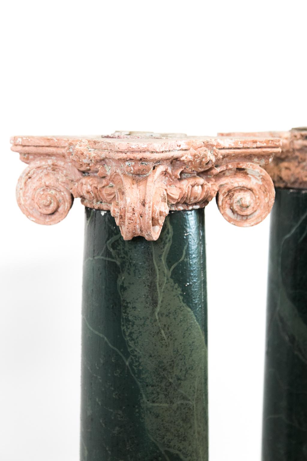English Pair of Wooden Faux Painted Marbleized Pedestals For Sale