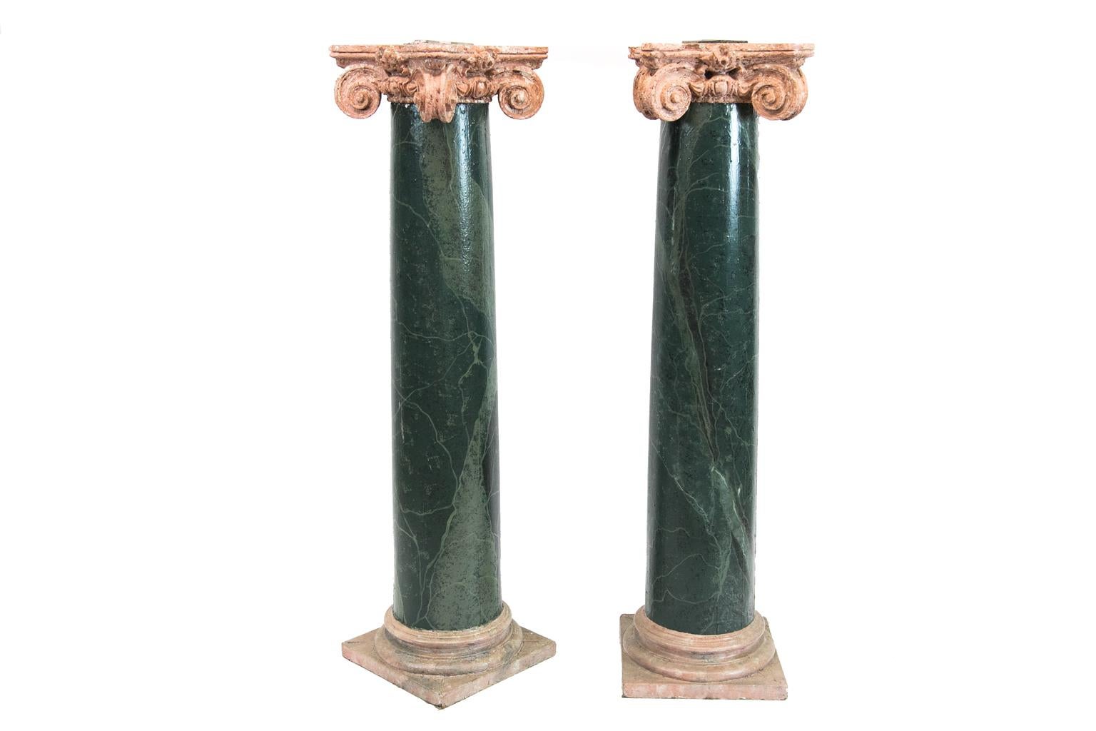 Pair of Wooden Faux Painted Marbleized Pedestals For Sale 1