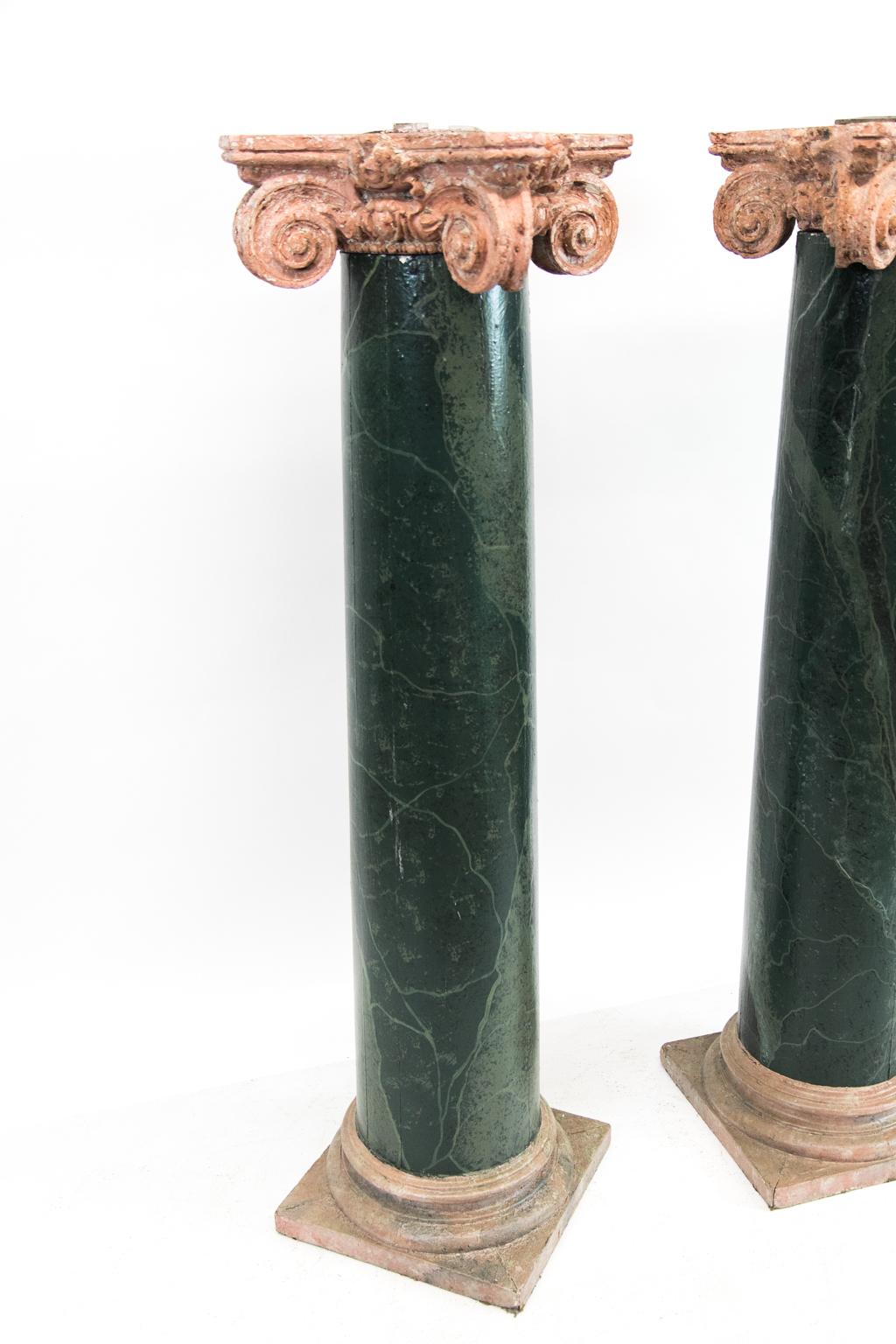 Pair of Wooden Faux Painted Marbleized Pedestals For Sale 2
