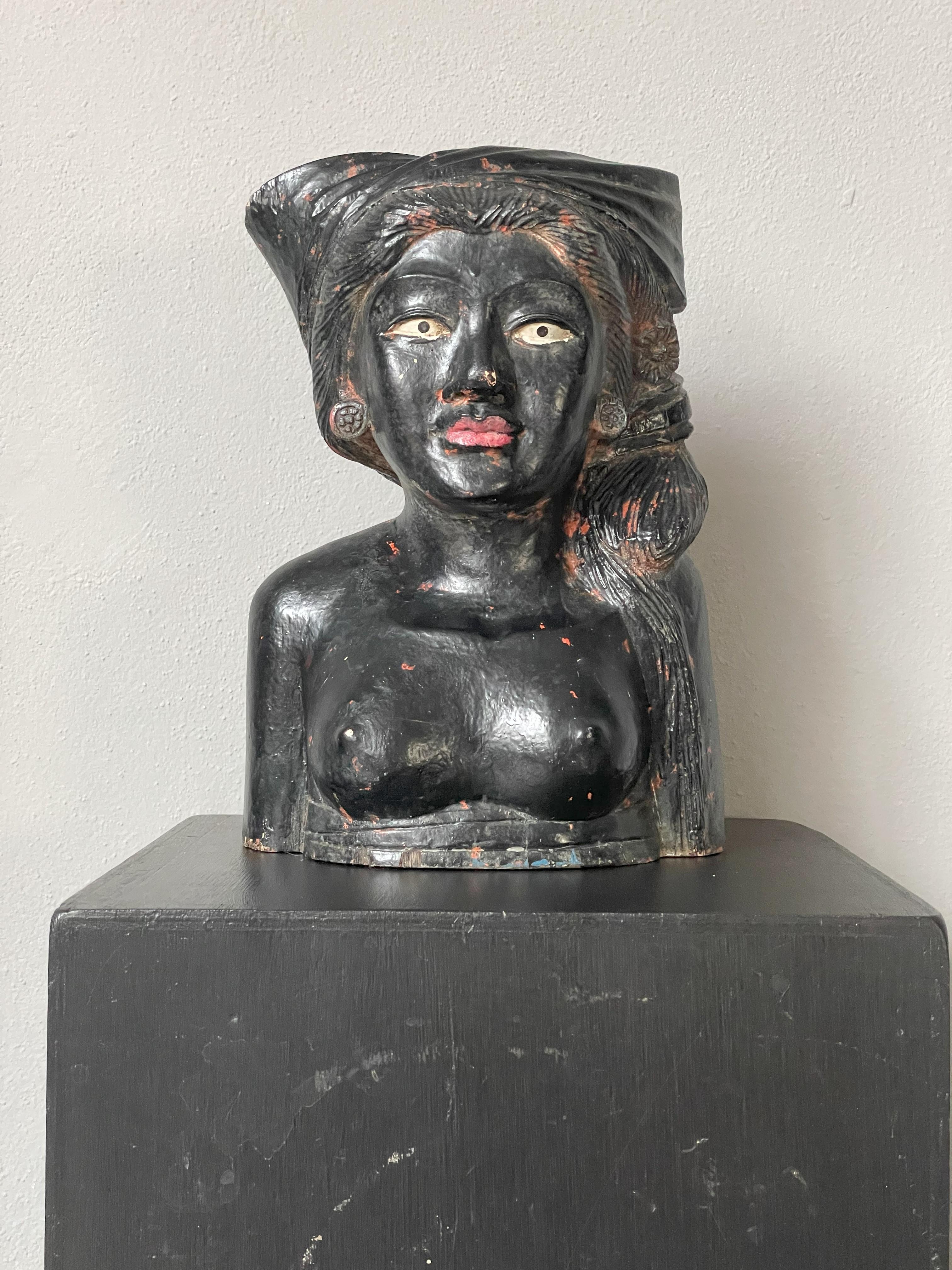 Pair of Wooden Female Black Sculptures For Sale 3