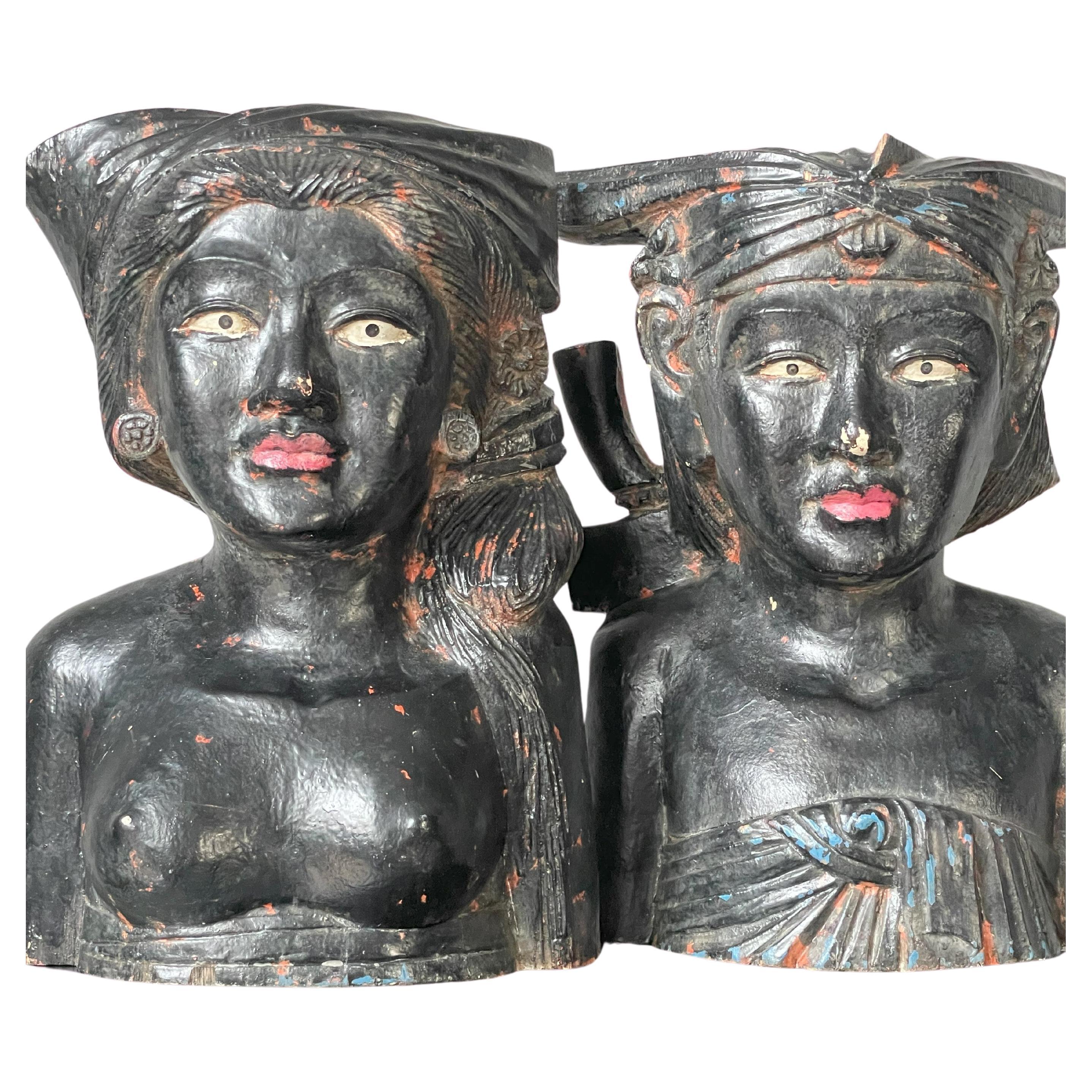 Pair of Wooden Female Black Sculptures For Sale