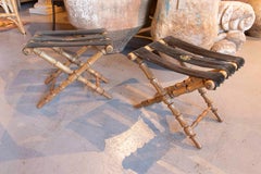 Pair of Wooden Folding Chairs Imitating Bamboo with Initials on the Fabric