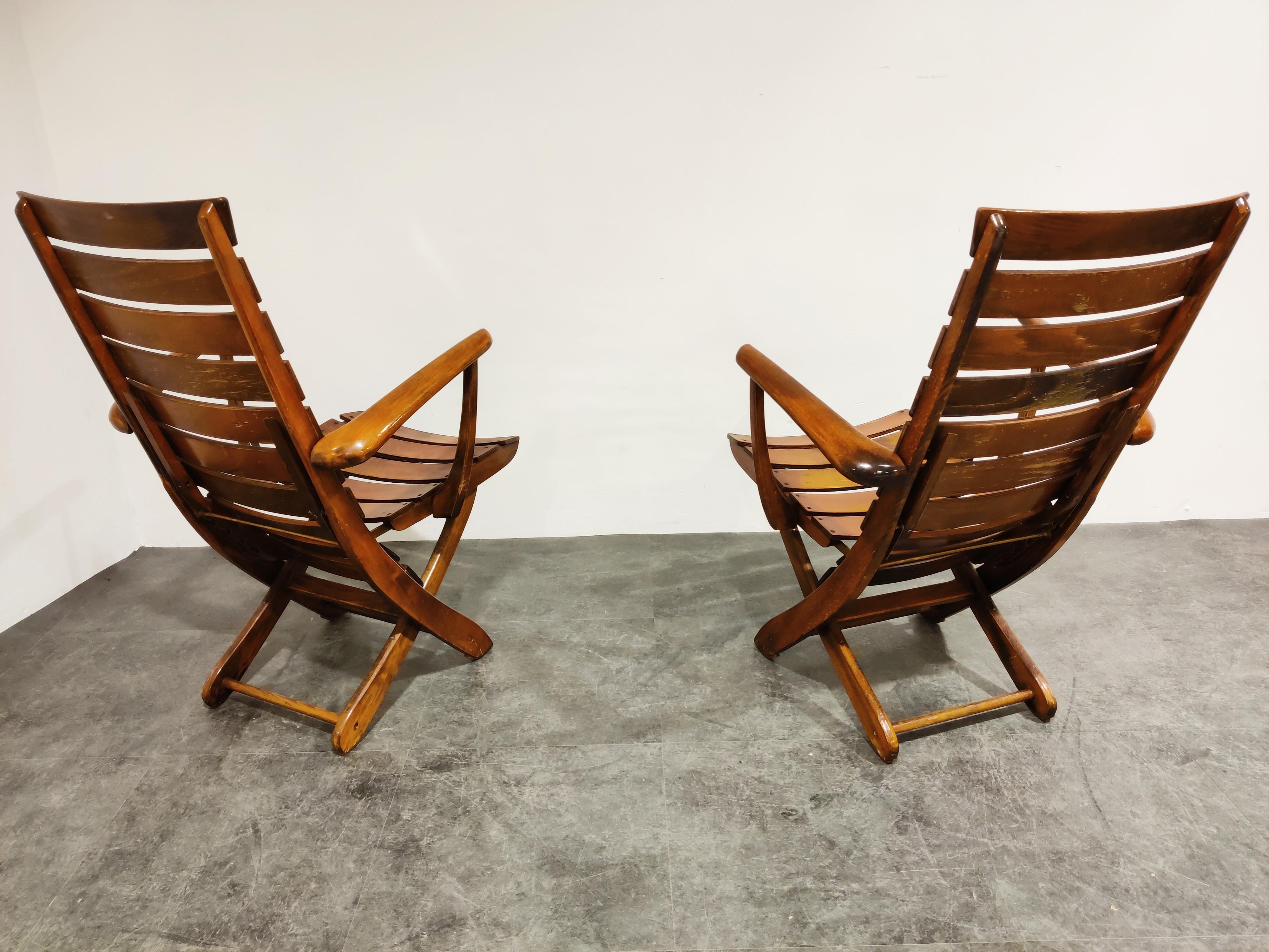 Mid-Century Modern Pair of Wooden Folding Garden Chairs with Table, 1950s