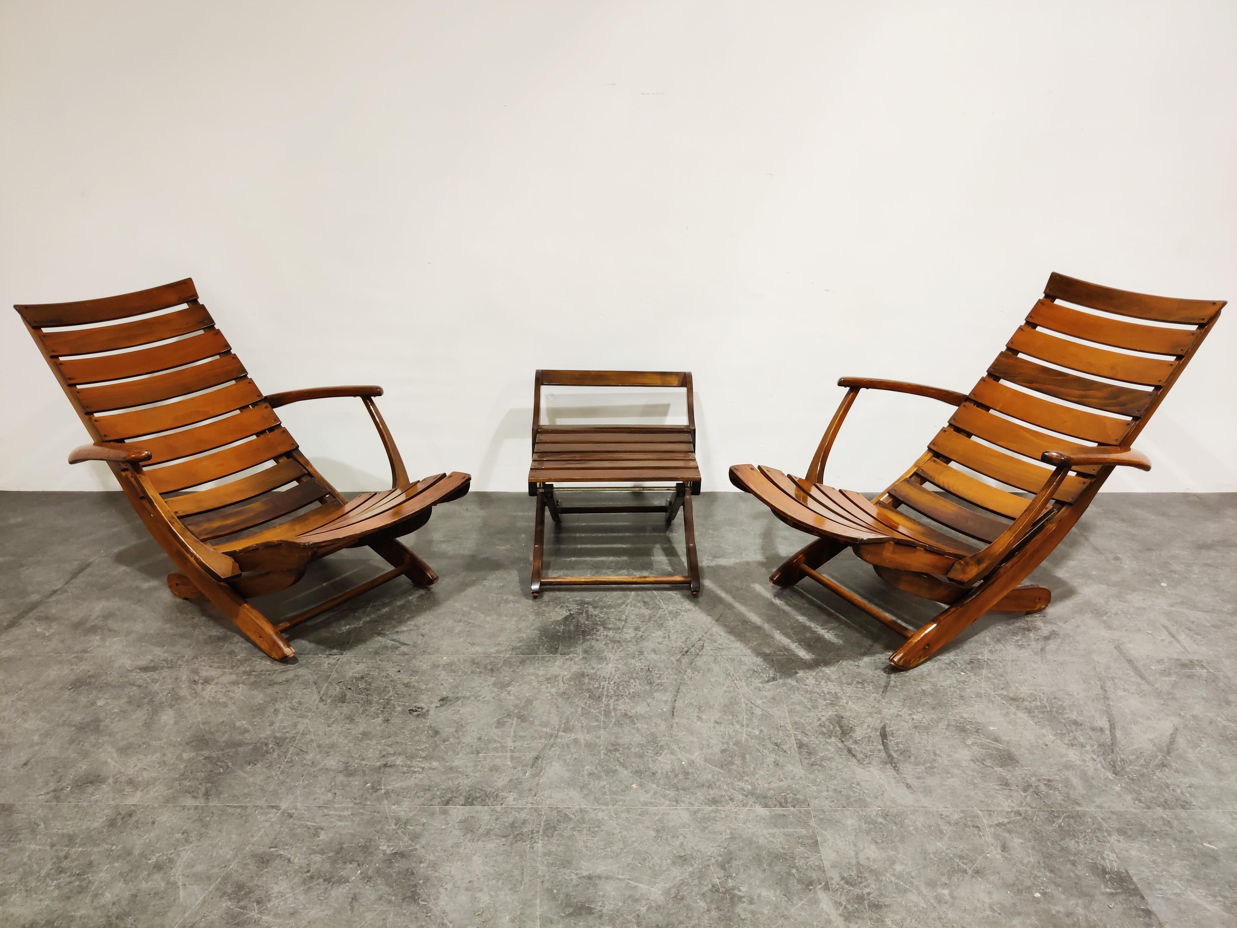 Pair of Wooden Folding Garden Chairs with Table, 1950s 3