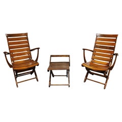 Pair of Wooden Folding Garden Chairs with Table, 1950s