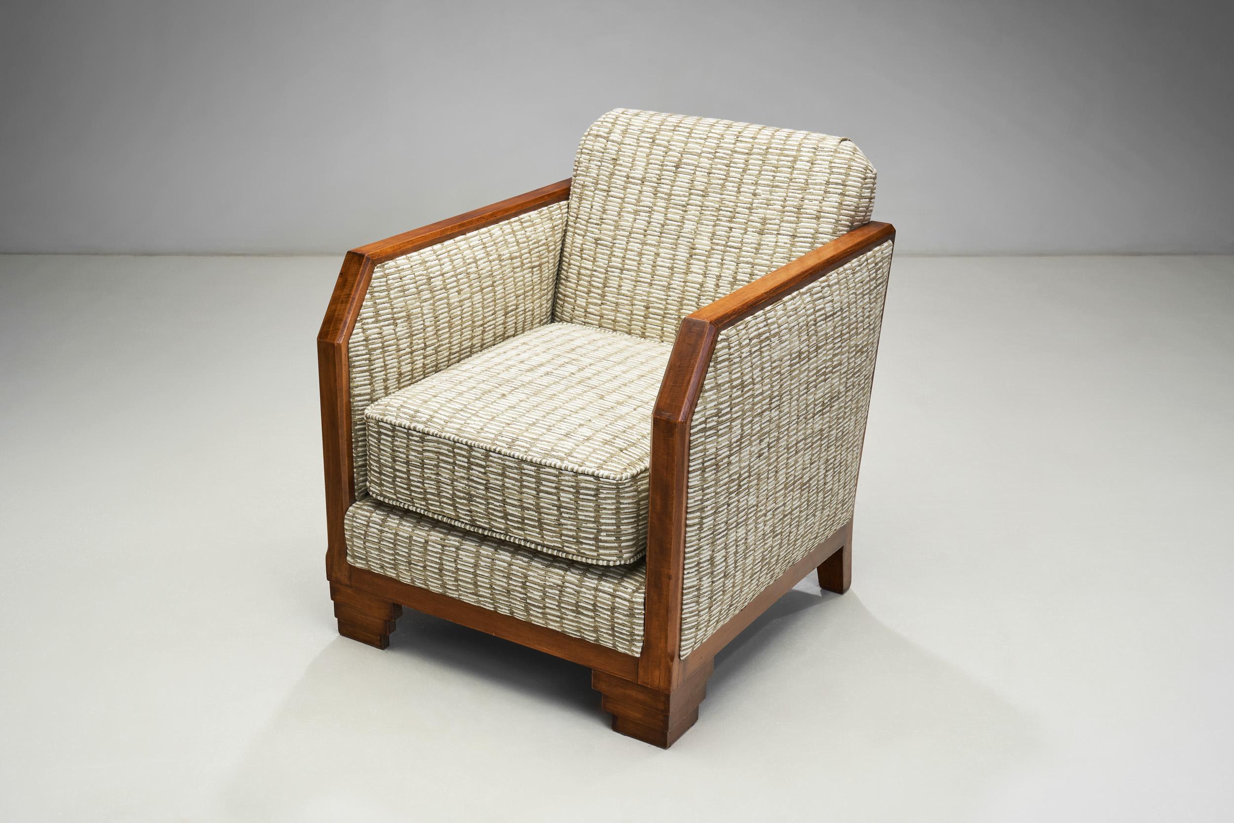 Fabric Pair of Wooden Frame Art Deco Armchairs, France ca 1940s For Sale