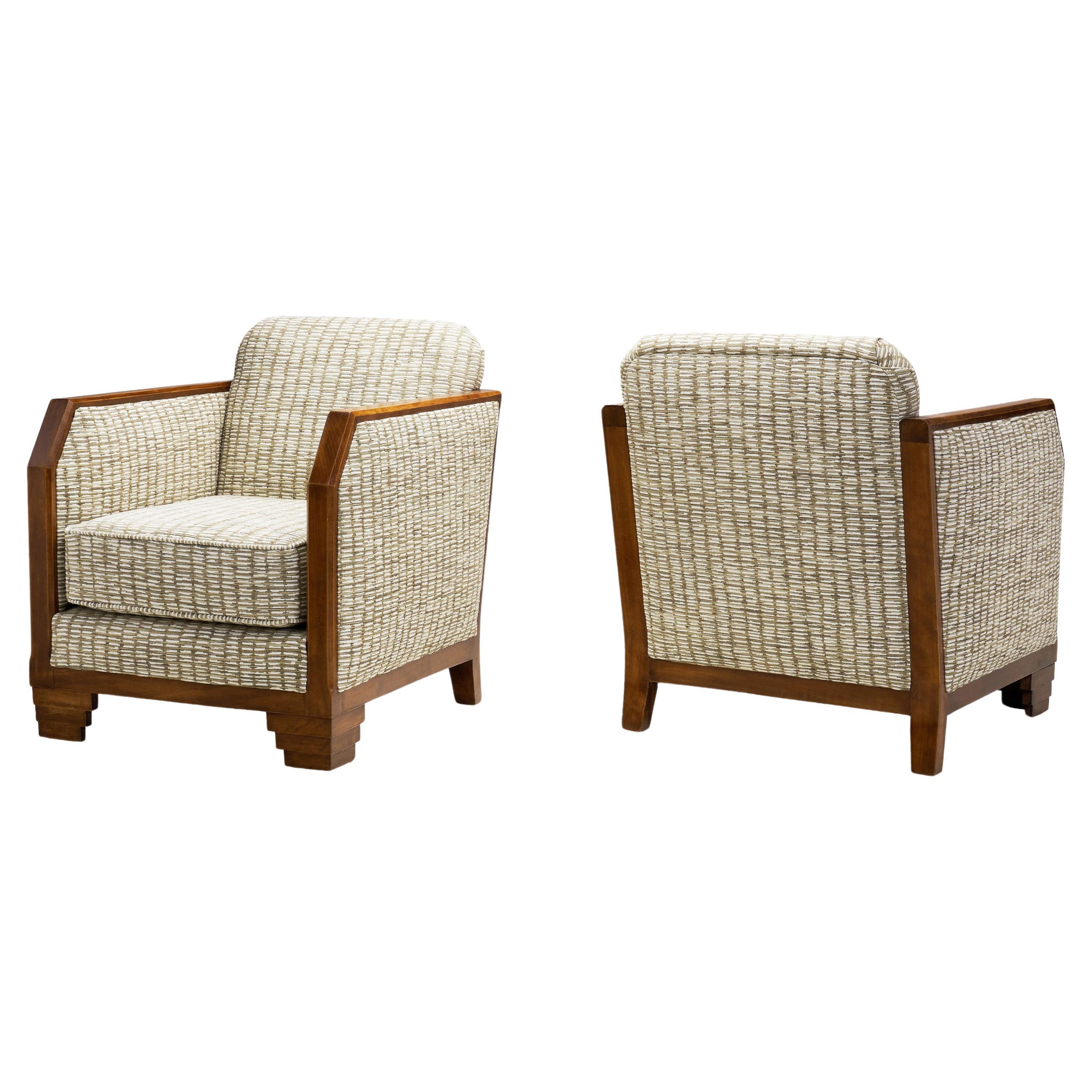 Pair of Wooden Frame Art Deco Armchairs, France ca 1940s For Sale