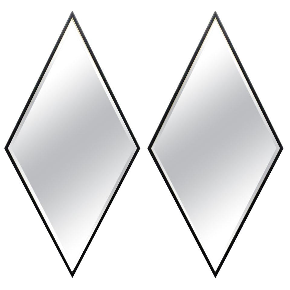 Pair of Wooden Framed Diamond Mirrors For Sale