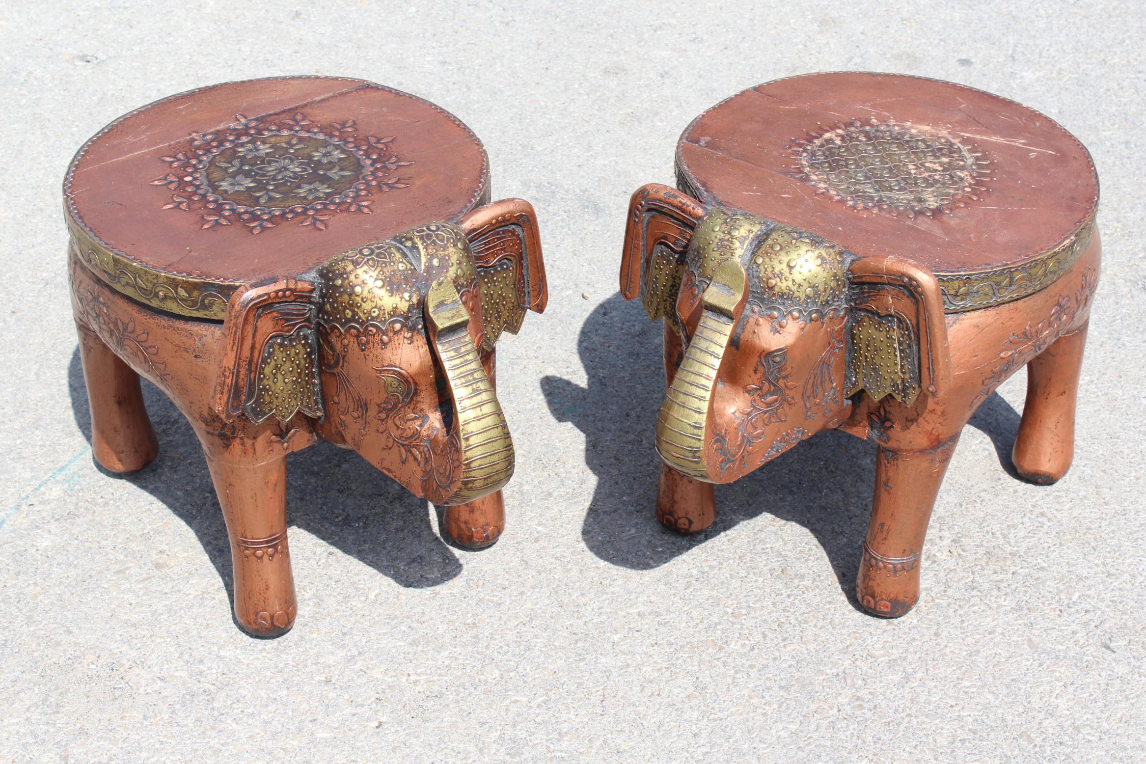 Pair of wooden hand-carved Indian low stools representing elephants.